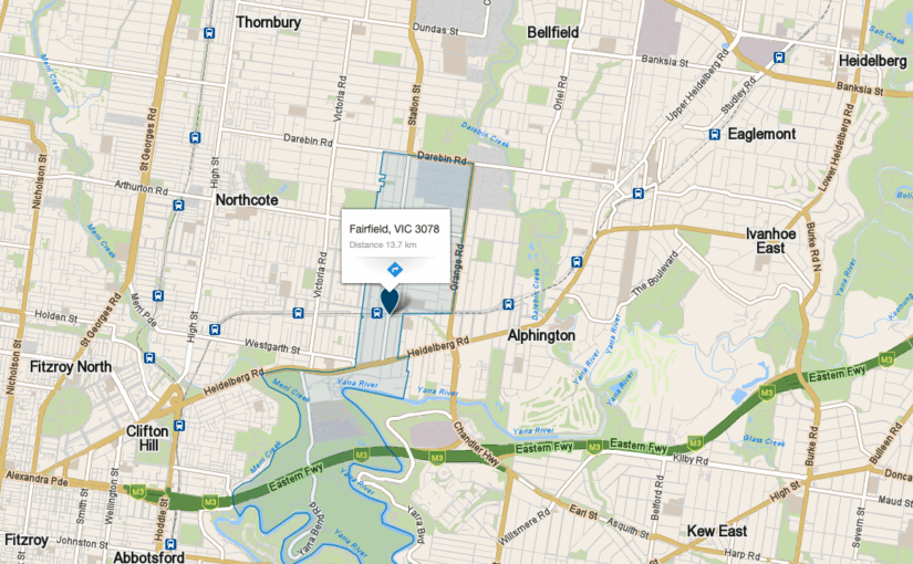 Map of Fairfield, Melbourne – service area covered by JM & Sons Piano Movers, specialists in grand and upright piano relocations