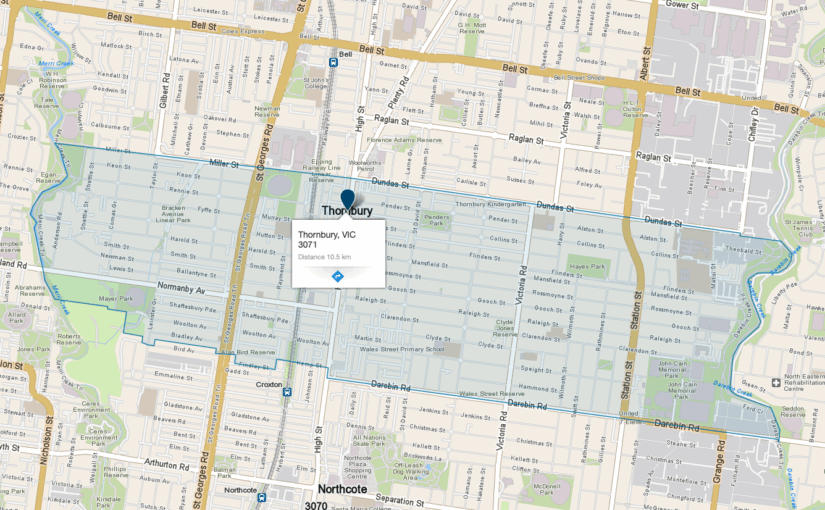 Map of Thornbury, Melbourne – area serviced by JM & Sons Piano Movers, experts in upright and grand piano removals