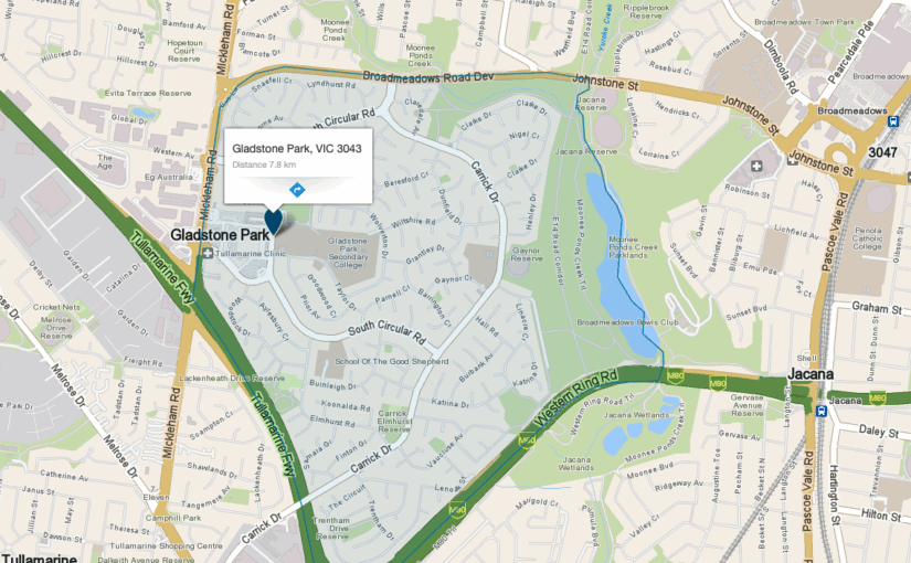 Map showing service area coverage for piano moves in Gladstone Park, Melbourne.