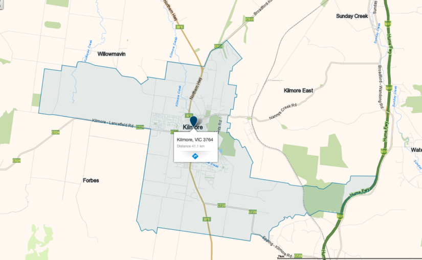 “Kilmore VIC service area map covered by JM & Sons Piano Movers, expert upright and grand piano relocations in Victoria’s north”