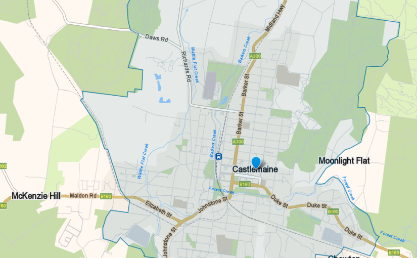 “Castlemaine VIC service area map covered by JM & SONS Piano Movers, specialist rural upright and grand piano relocations in regional Victoria”