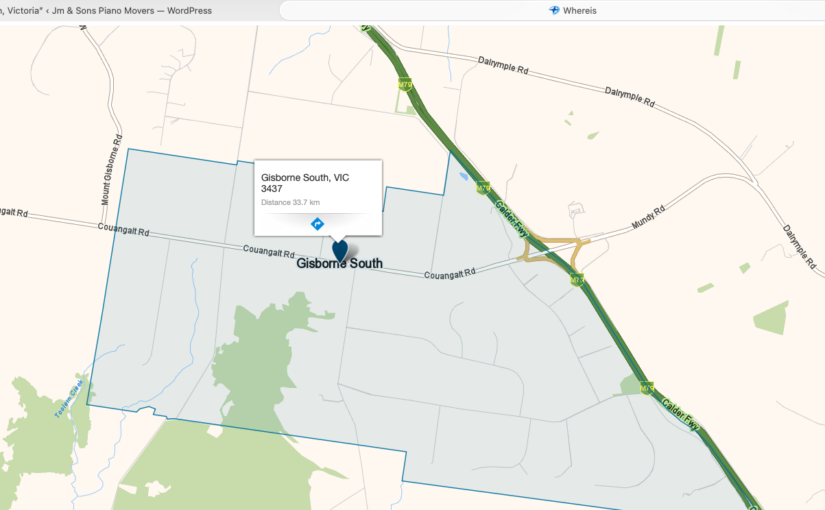 “Gisborne South VIC service area map covered by JM & SONS Piano Movers, specialist rural upright and grand piano relocations in regional Victoria” 