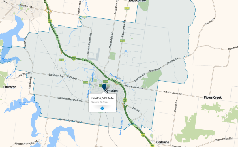 “Kyneton VIC service area map covered by JM & SONS Piano Movers, specialist rural upright and grand piano relocations in regional Victoria”