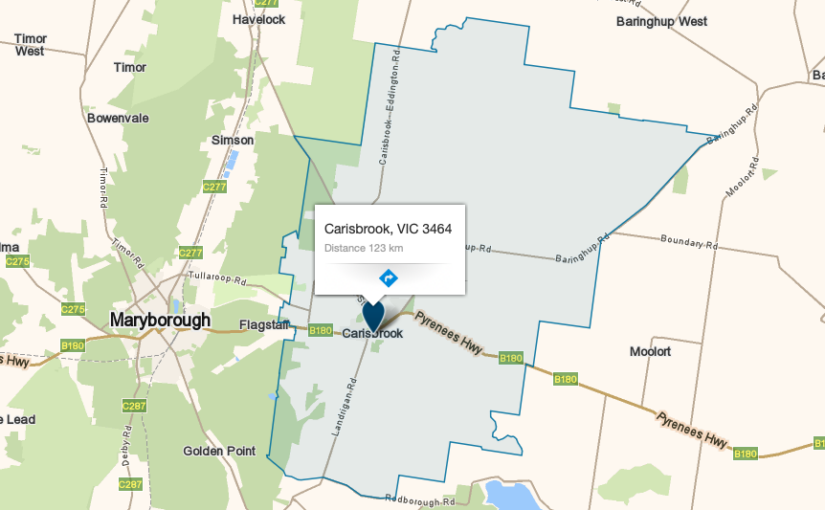 “Carisbrook VIC service area map covered by JM & SONS Piano Movers, specialist rural upright and grand piano relocations in regional Victoria” 