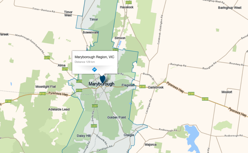 “Maryborough VIC service area map covered by JM & SONS Piano Movers, specialist rural upright and grand piano relocations in regional Victoria” 
