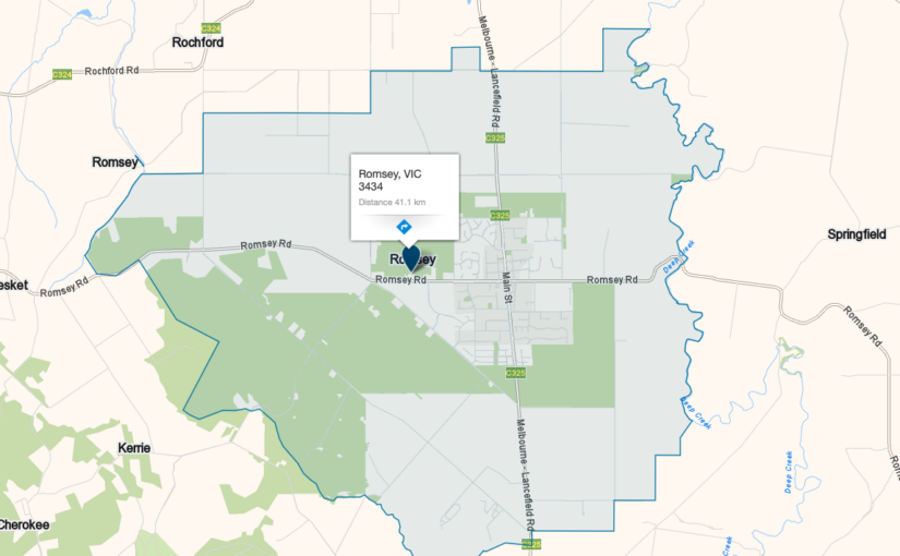 “Romsey VIC service area map covered by JM & SONS Piano Movers, specialist rural upright and grand piano relocations in regional Victoria” 