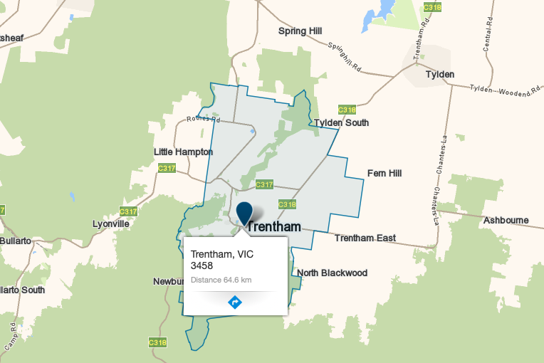 “Trentham VIC service area map covered by JM & SONS Piano Movers, specialist rural upright and grand piano relocations in regional Victoria”