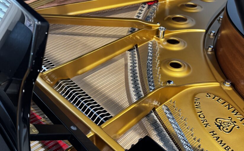Interior of a Steinway grand piano showing the soundboard, strings and cast iron frame.
